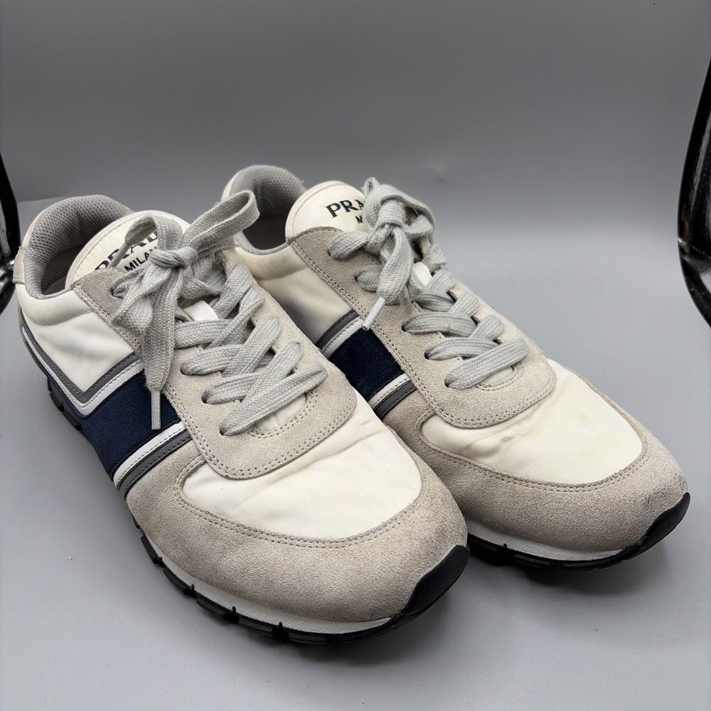 Prada suede Sneakers Mens 10.5 US 9.5 UK White Blue Luxury Designer Running shoe
